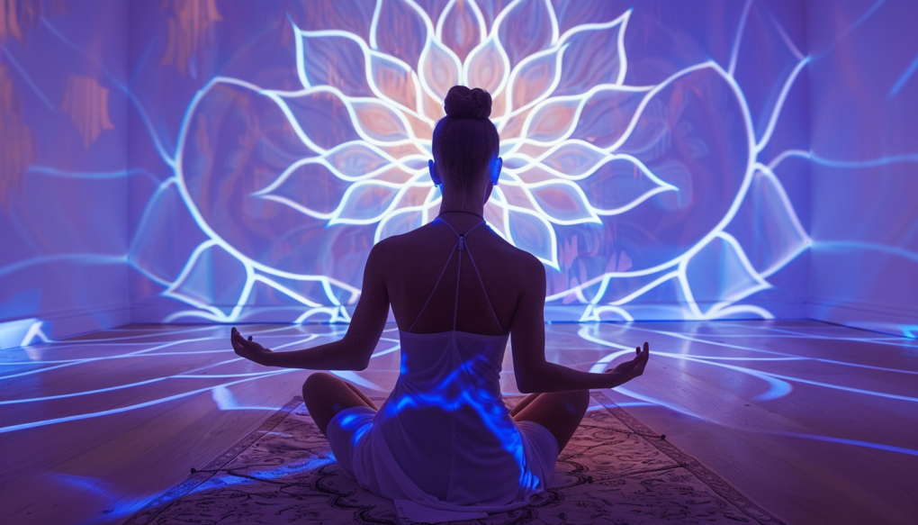 girl sittiing in yogi position in front of a lotus flower image in the wall