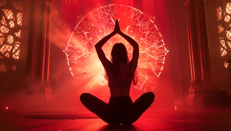 silhoute of a woman with hands in namaste position above head in front of a whit light mandala