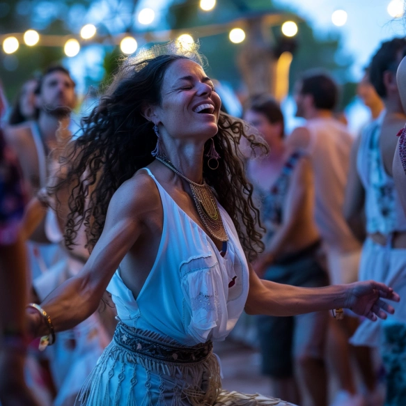 woman smiles dancing at a spirit festival