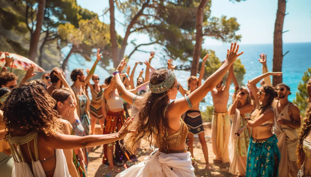 spirit tribe outdoor dancing under pine trees and ocean view